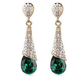 Emerald Real 18K Gold Plated Brass Rhinestone Teardrop Stud Earrings, Emerald, 46x10mm