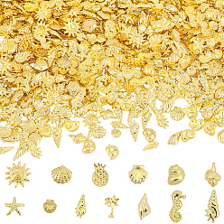 Golden 1300Pcs 13 Styles Brass Cabochons, Nail Art Decoration Accessories, Mixed Shape, Golden, 3~8x2.5~5x0.3~1mm, 100pcs/style