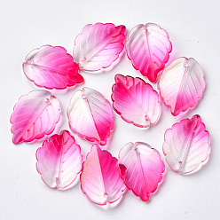 Темно-Розовый Прозрачный лак окрашенные стеклянные подвески, с блеском порошок, лист, темно-розовыми, 23.5x17x4.5 мм, отверстие : 1.2 мм
