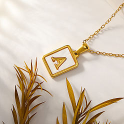 Letter A Прямоугольник 304 ожерелья с инициалами из нержавеющей стали с натуральным белым ракушечником для женщин, реальный 18 k позолоченный, буква a, 15.75 дюйм (40 см)