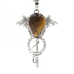 Tiger Eye Natural Tiger Eye Pendants, with Platinum Plated Brass Findings, Wing with Key Charms, 47x32x11mm
