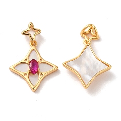 Real 18K Gold Plated Brass Pave Camellia Cubic Zirconia Pendants, Star Charms with Natural Shell, Real 18K Gold Plated, 17.5x16x3.8mm, Hole: 2x2mm