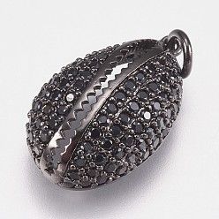 Черный Цвет Металла Латунные микро проложить кубического циркония подвески, с прыжковых колец, формы раковины, металлический черный , 21x12.5x6 мм, отверстие : 3 мм