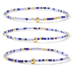 Dark Slate Blue Boho Round Brass and Glass Seed Beaded Stretch Stackable Bracelet Sets, Golden, Dark Slate Blue, 6.50 inch(16.5cm), 3pcs/set