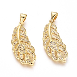 Golden Brass Micro Pave Clear Cubic Zirconia Pendants, Feather, Golden, 26x11x3mm, Hole: 5x3mm