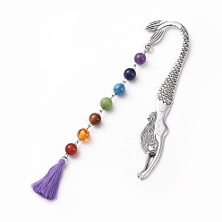 Purple Tibetan Style Alloy Bookmarks, with Gemstone Beads Chains, Cotton Thread Tassel Pendant Decorations, Mermaid, Medium Purple, 165mm