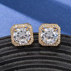 Real 18K Gold Plated Brass Micro Pave Cubic Zirconia Stud Earrings for Women, Square Octagon, Real 18K Gold Plated, 13x13mm