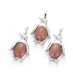 Камень с Пылевым Золотом Синтетические голдстоуновские подвески, с латунной фурнитурой , пингвин, платина, 34~35x24~25x5~8 мм, отверстие : 8x5 мм