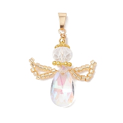 Прозрачный Стеклянные подвески, ангельские прелести, с латунной бусиной и стеклянным бисером, граненые, прозрачные, 31~32x23.5~27x8 мм, отверстие : 6x3 мм