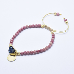 Rhodochrosite Natural Rhodochrosite Braided Bead Bracelets, with Electroplated Natural Lava Rock Beads, Druzy Crystal, Nylon Cord and Brass Findings, Flat Round & Heart, 2-1/8 inch(5.3cm)~3-1/8 inch(8cm)