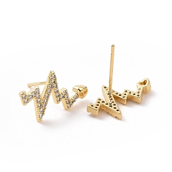 Golden Clear Cubic Zirconia Heart Beat Stud Earrings, Brass Jewelry for Women, Golden, 12x17mm, Pin: 0.8mm