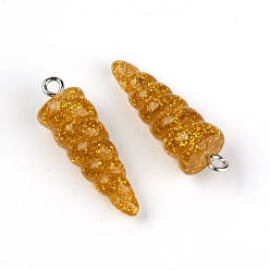 Золотистый Подвески из смолы, с платиновым железным колышком, блеск порошок, рог единорога, золотые, 29x10x9.5 мм, отверстие : 1.8 мм