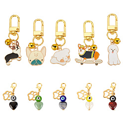 Смешанные камни 4 наборы 2 стильные украшения в виде латунного колокольчика в форме сердца из натурального драгоценного камня и эмалевой собаки, круглые подвески с застежкой-лобстером от сглаза, для брелка, кошелек, украшение для рюкзака, 35~63 мм, 2 наборы / стиль