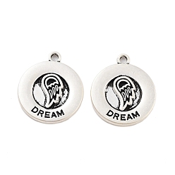 Античное Серебро Стойки обшивки кулон сплава, гальваническое покрытие, не содержит никель-кадмия и свинца, плоский круглый с крылом и словом «мечта», античное серебро, 20x17x2 мм, отверстие : 1.6 мм