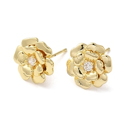 Золотой Серьги-пусеты из латуни с микропаве и прозрачным фианитом, долговечный, без свинца и без кадмия, цветок, золотые, 12x12 мм