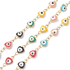 Colorful PVD Vacuum Plating 304 Stainless Steel Link Chains, with Enamel and Spool, Soldered, Heart with Evil Eye, Colorful, 10x5.5x3mm