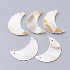 Античный Белый Соединители звеньев пресноводной раковины, луна, старинный белый, 50~51x33~34x2~5 мм, отверстие : 2.5 мм