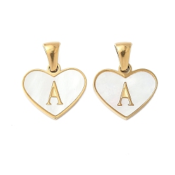 Letter A 304 сердце из натуральной белой ракушки из нержавеющей стали с подвесками в виде инициалов, ионное покрытие (ip), золотые, буква a, 14x16x2 мм, отверстие : 4.5x3 мм