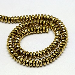 Golden Plated Electroplate Non-magnetic Synthetic Hematite Beads Strands, Faceted, Rondelle, Grade A, Golden Plated, 8x4mm, Hole: 1.2mm, about 83pcs/strand, 16 inch