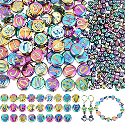 Mixed Shapes 104piezas de cuentas de vidrio planas redondas con letras galvanizadas, con 150piezas de cuentas de vidrio, arco iris chapado, formas mixtas, 4~10x4~5 mm, agujero: 1 mm