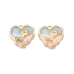 Светло-Синий Стойки обшивки сплава эмали подвески, без кадмия, без никеля и без свинца, золотой свет, сердце с цветочным шармом, голубой, 20x21x4 мм, отверстие : 1.6~1.8 мм