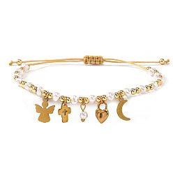 Золотой 304 из нержавеющей стали шарм браслеты, Регулируемые браслеты для женщин из латуни и пластика с круглыми бусинами, имитирующими жемчуг., ангел, крест, сердце и луна, золотые, 11.02 дюйм (28 см)