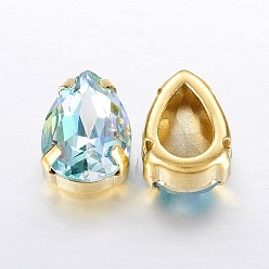 Бирюза Шить на горный хрусталь, блестящий лазерный стиль, многожильных ссылки, имитация австрийский хрусталь, k 9 стеклянный страз, с настройками латуни, аксессуары для одежды, граненые, слеза, золотые, бирюзовые, 14x10x7 мм, отверстие : 0.5 мм