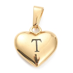 Letter T 304 Stainless Steel Pendants, Heart with Black Letter, Golden, Letter.T, 16x16x4.5mm, Hole: 7x3mm