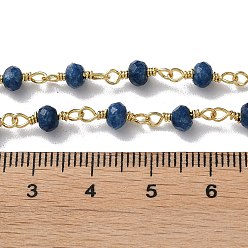Marine Blue Natural White Jade Beaded Chains, Handmade Chains, with Spool, Unwelded, Dyed, Faceted Rondelle, with Brass Findings, Golden, Marine Blue, 4x3mm, about 16.4 Feet(5m)/roll