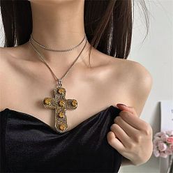 Antique Bronze Vintage Brass Topaz Rhinestone Religion Cross Pendant Necklaces for Women, with Enamel, Antique Bronze, 23.62 inch(60cm)