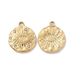 Plaqué 18K Or Véritable 304 pendentifs en acier inoxydable micro pavé de zircone cubique transparente, plat rond avec des yeux, réel 18 k plaqué or, 19x16x2mm, Trou: 2mm