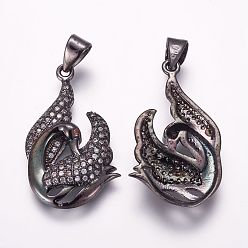 Gunmetal Brass Micro Pave Cubic Zirconia Pendants, Swan, Gunmetal, 25x16x3.5mm, Hole: 3x4mm