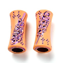Blue Violet Plastic Beads, Imitation Wood, Large Hole, For African Braid Reggae Hair Accessories, Tube with Flower, Blue Violet, 28x12.5mm, Hole: 8mm