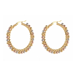 Многоцветный 304 серьги-кольца из нержавеющей стали с бусинами., гипоаллергенные серьги, С латунными круглыми бусами, многоцветные, 46 мм, штифты : 1x0.7 мм