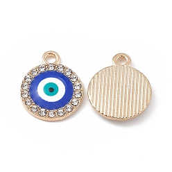 Light Gold Сплава кристалла горный хрусталь подвески, эмалью сглаза, плоские круглые прелести, золотой свет, 17.5x14x2 мм, отверстие : 2 мм
