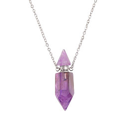 Amethyst 1Pc Natural Amethyst Faceted Pointed Bullet Shaped Perfume Bottle Pendant Necklaces, with Alloy Chains, 19.17 inch(48.7cm)