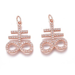 Roségold Messing micro pave klare zirkonia anhänger, langlebig überzogen, mit Ringe springen, Kreuz mit Unendlichkeitszeichen, Roségold, 21x17x2 mm, Bohrung: 3 mm, Sprungring: 5x1 mm