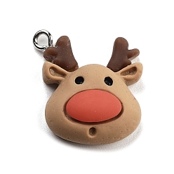 Олень Подвески из непрозрачной смолы на рождественскую тематику, с платиновыми тоновыми железными петлями, олень, 24x20x9 мм, отверстие : 2 мм