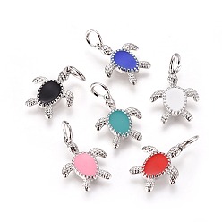 (52) Непрозрачная лаванда Латунные подвески, с эмалью, черепаха, платина, разноцветные, 16.5x13.5x2 мм, отверстие : 4 мм