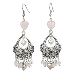 Розовый Кварц Серьги-люстры в форме сердца из натурального розового кварца, серьги-капли из сплава со шпильками 304 из нержавеющей стали, 80x26 мм