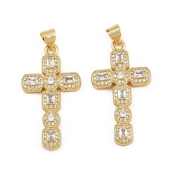 Clair Micro cuivres ouvrent pendentifs zircone cubique, breloques en forme de croix octogonale, sans cadmium et sans plomb, or, clair, 32x17.5x4mm, Trou: 5x3mm