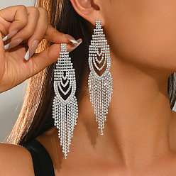 Silver Brass Rhinestone Chandelier Earrings for Women, Teardrop, Tassel Earrings, Silver, 125x25mm