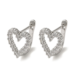 Платина Женские серьги-кольца из латуни с микропаве в форме сердца и прозрачным фианитом, платина, 11.5x11 мм