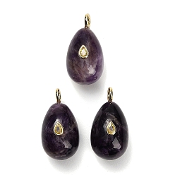 Amethyst Natural Amethyst Pendants, Teardrop Charms, with Brass Pave Cubic Zirconia Findings, Golden, 38~39.5x20~21x21.5~22.5mm, Hole: 4.5mm