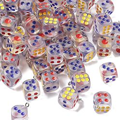 Разноцветный Подвески из прозрачной смоляной эмали, игральная кость, с железной платиной петлей, красочный, 14.5x14x14 мм, отверстие : 2 мм