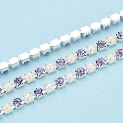 Сливовый Железо горный хрусталь чашка цепи, с абс пластмассовой имитационной жемчужиной, с катушкой, серебряные, слива, 2.5x2x2 мм, Около 10 ярдов / рулон