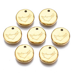 Козерог 316 хирургические брелоки из нержавеющей стали, плоские круглые с созвездием, реальный 14 k позолоченный, Козерог, 10x2 мм, отверстие : 1 мм