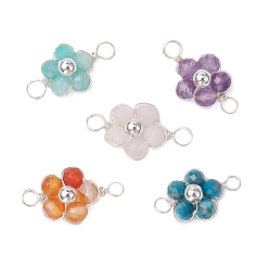 Серебро Подвески-коннекторы в виде цветка из натурального амазонита, апатита, розового кварца, аметиста и красного агата с круглыми гранеными бусинами, с обмоткой из медной проволоки, серебряные, 19~21x11~11.5 мм, отверстие : 2.5~3.5 мм