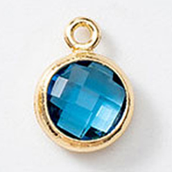 Темно-Голубой Подвески из латуни и стекла с камнями рождения, плоско-круглые, граненые, глубокое синее небо, 9 мм, отверстие : 9.2x6.8x3 мм