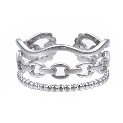 Stainless Steel Color Non-Tarnish 304 Stainless Steel Cable Chain Open Cuff Ring, Chunky Hollow Ring for Women, Stainless Steel Color, US Size 7(17.3mm)